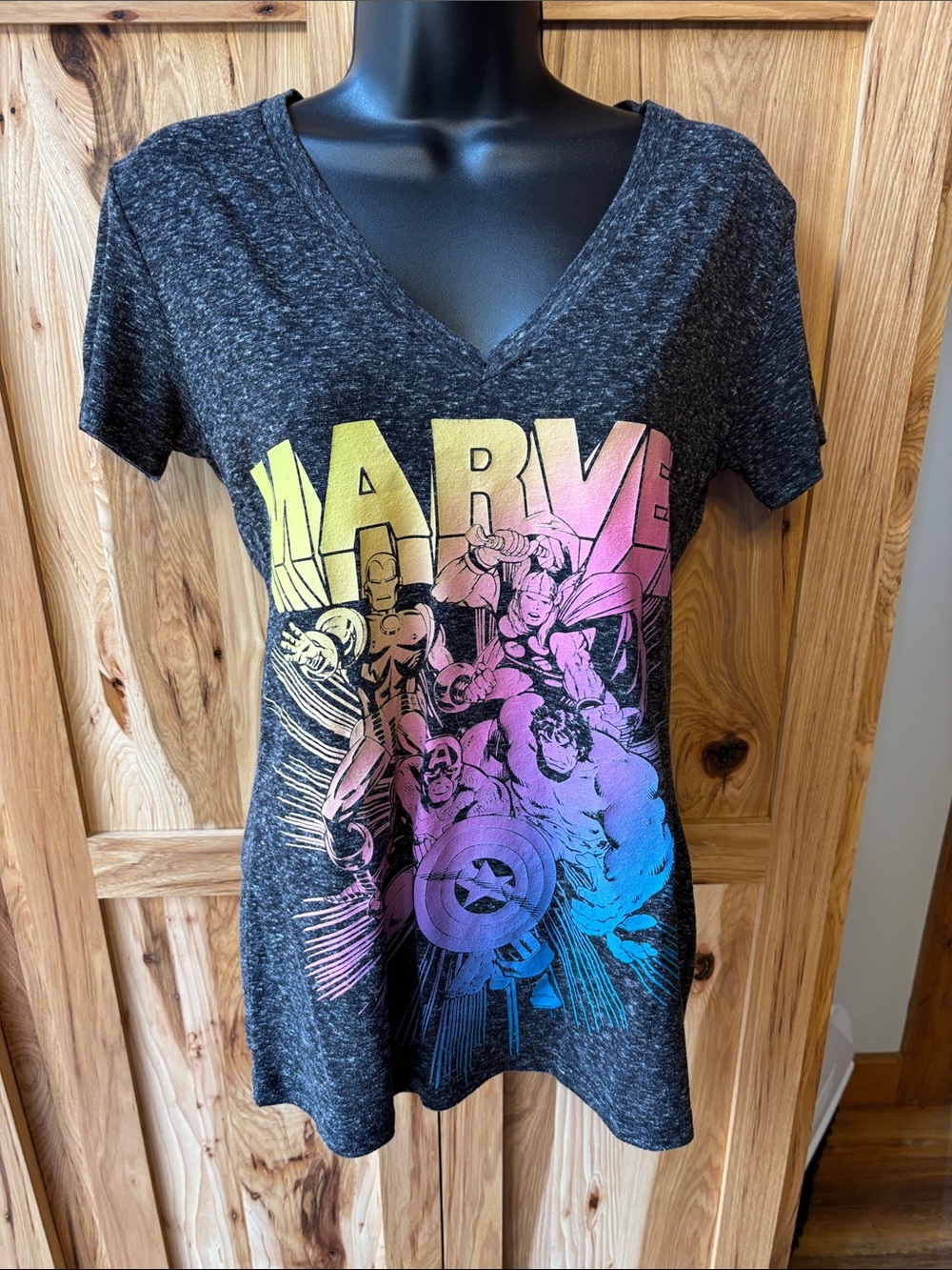 Marvel Black Heather V-Neck Tee with White Logo